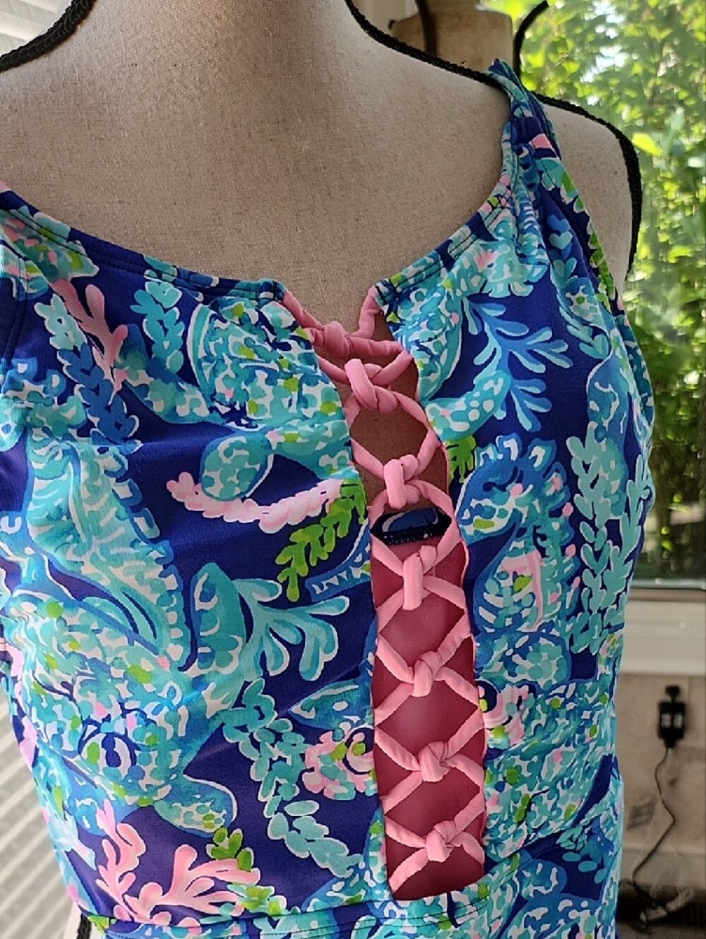 Lilly Pulitzer Blue & Pink Lace-Front One-Piece Swimsuit - Picture 2 of 6
